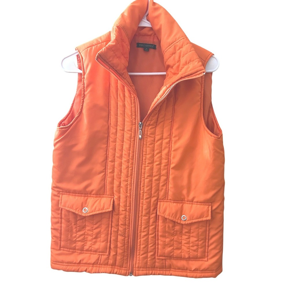 For Cynthia Orange Quilted Puffer Vest Full Zip Flap Pockets Size S